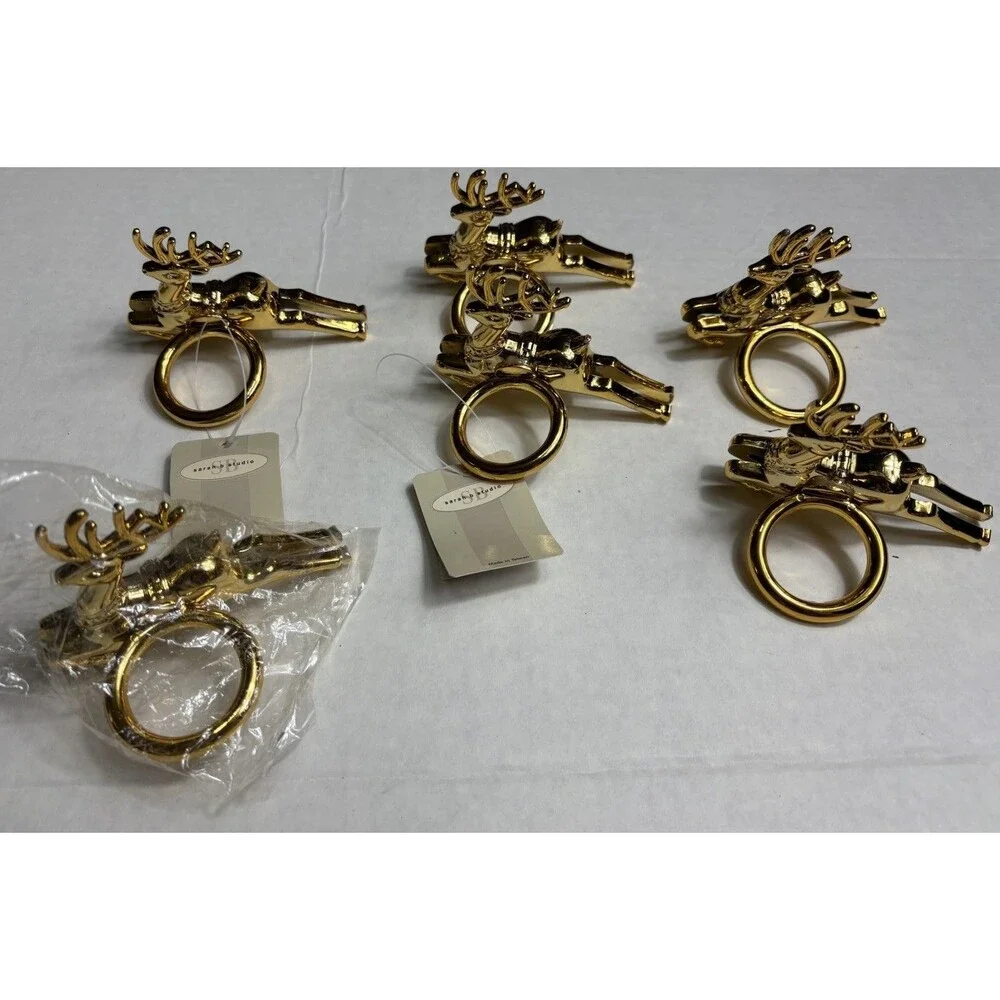 Sarah B Studio Gold Reindeer Napkin Rings Set of 6 Christmas Holiday Table